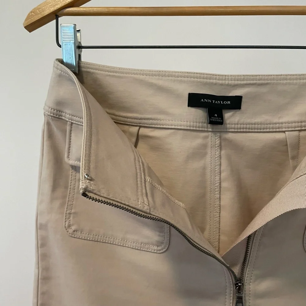 Ann Taylor Khaki Tan Mini Pencil Skirt Full Zip Front Snap Pockets - Picture 3 of 4